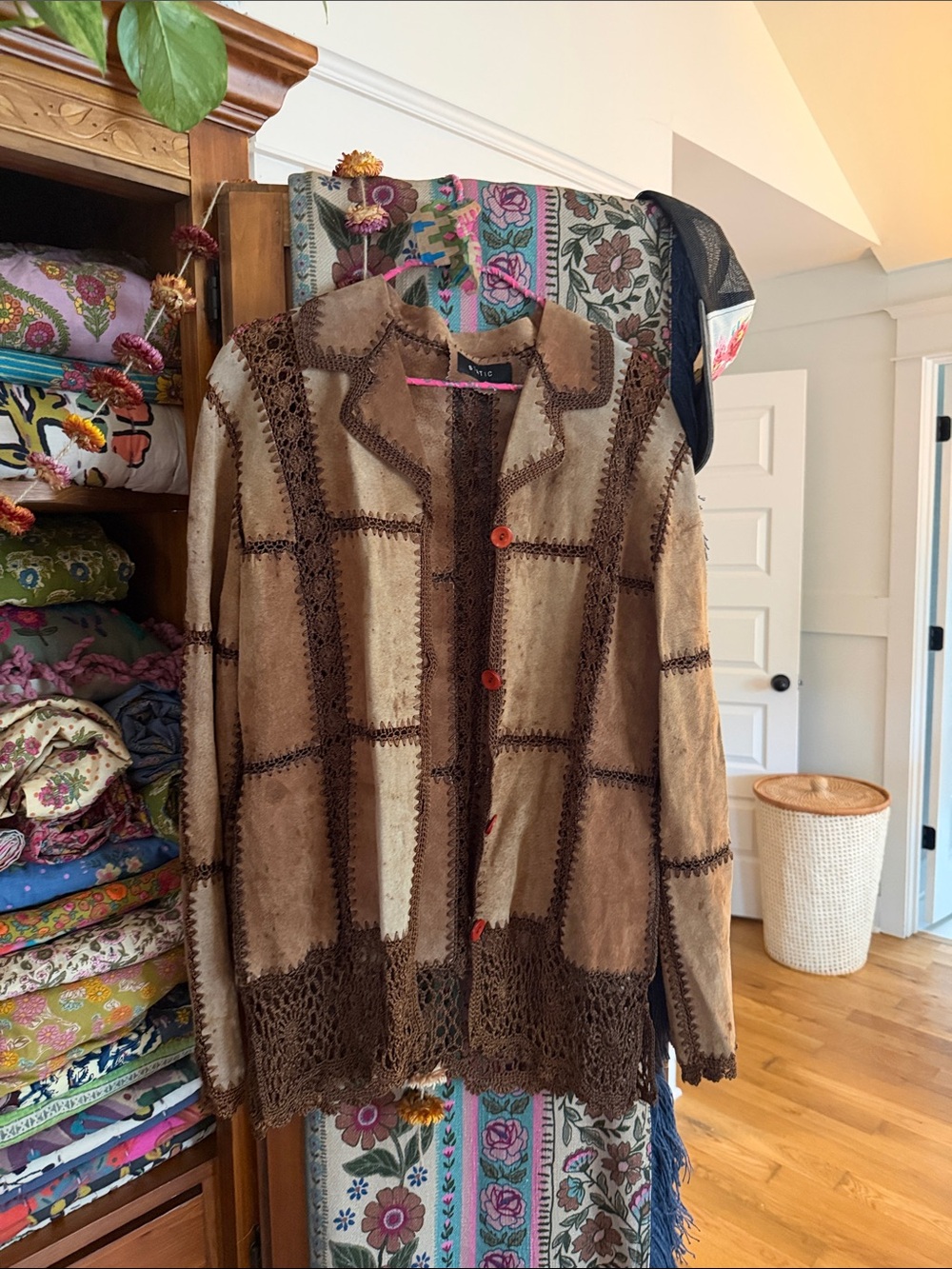 Vintage Brown Patchwork Suede Leather Crochet-Trim Jacket